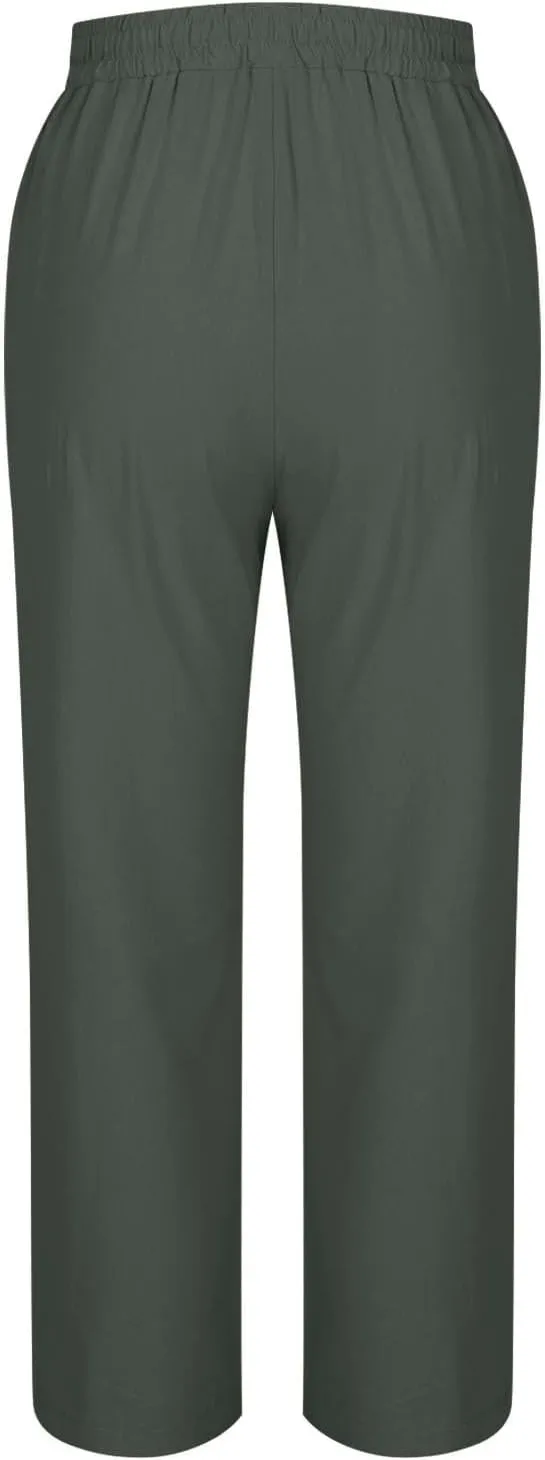 Womens Cotton Linen Summer Palazzo Pants Capri Casual Elastic Waisted Soild Trousers Fashion Side Button Slacks