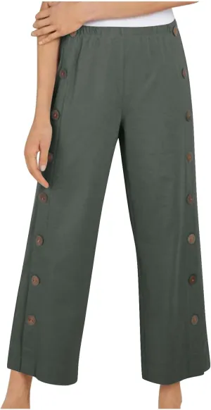 Womens Cotton Linen Summer Palazzo Pants Capri Casual Elastic Waisted Soild Trousers Fashion Side Button Slacks