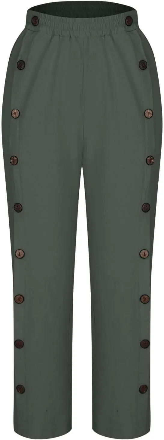 Womens Cotton Linen Summer Palazzo Pants Capri Casual Elastic Waisted Soild Trousers Fashion Side Button Slacks