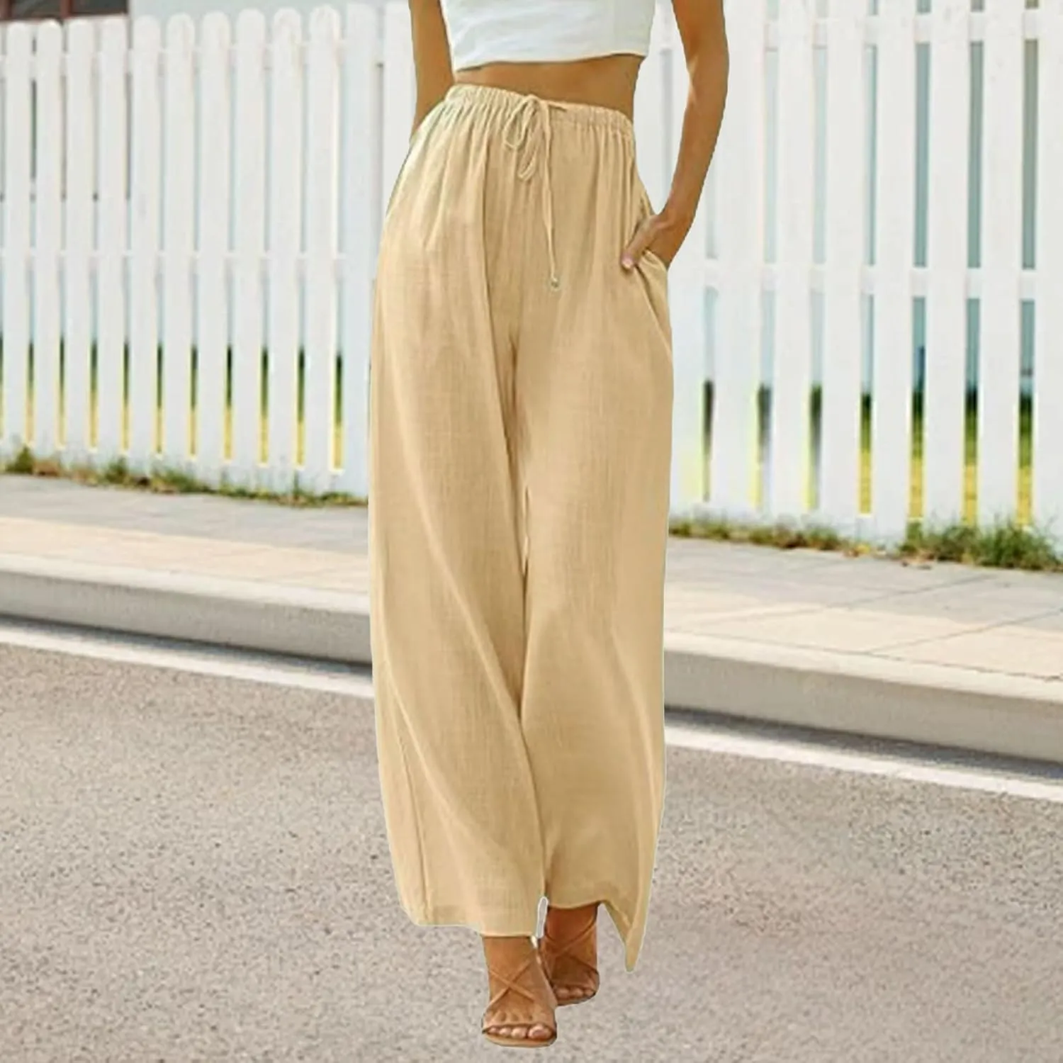 Women's Cotton Linen Summer Palazzo Pants High Waisted Flowy Baggy Wide Leg Beach Trousers Vacation Outfits