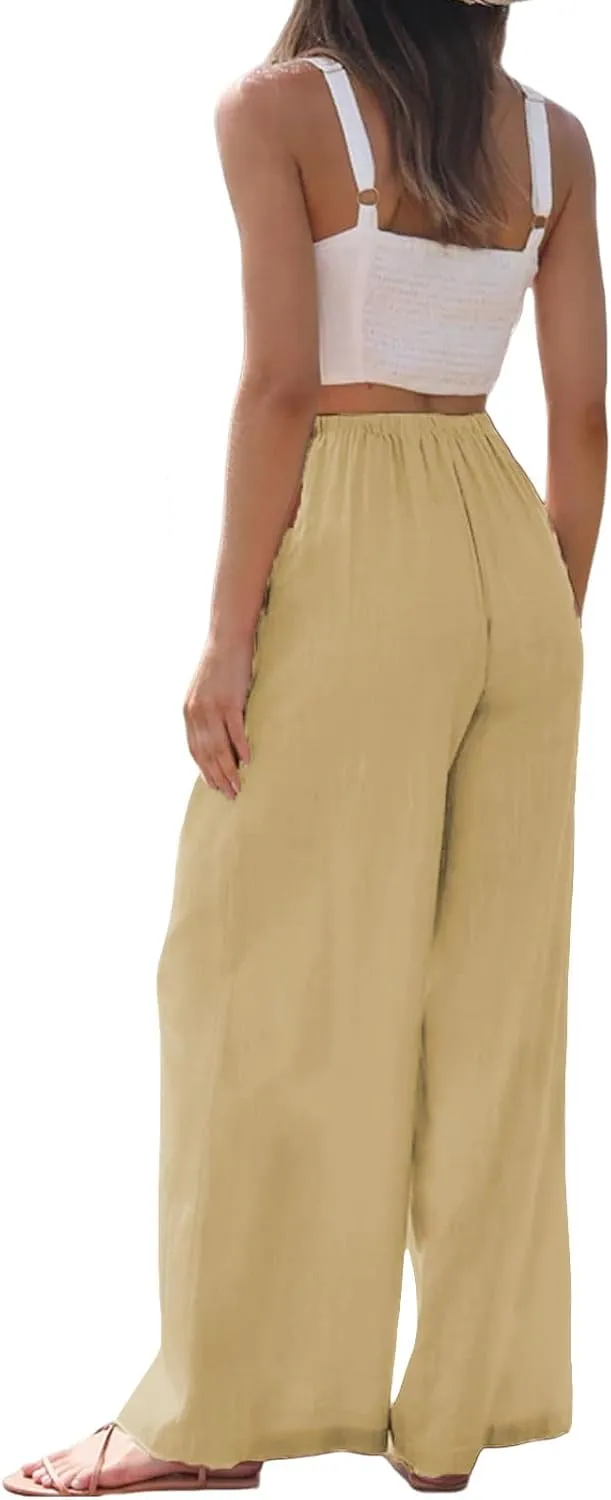 Women's Cotton Linen Summer Palazzo Pants High Waisted Flowy Baggy Wide Leg Beach Trousers Vacation Outfits