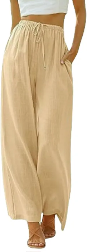 Women's Cotton Linen Summer Palazzo Pants High Waisted Flowy Baggy Wide Leg Beach Trousers Vacation Outfits