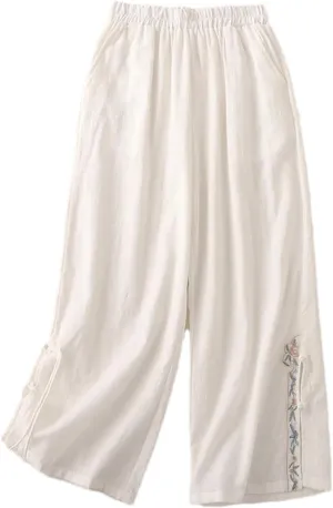 Women's Cotton Linen Wide-Leg Pants  Embroidered Split Buckle High Waist Loose Fit Straight Casual Summer Trousers