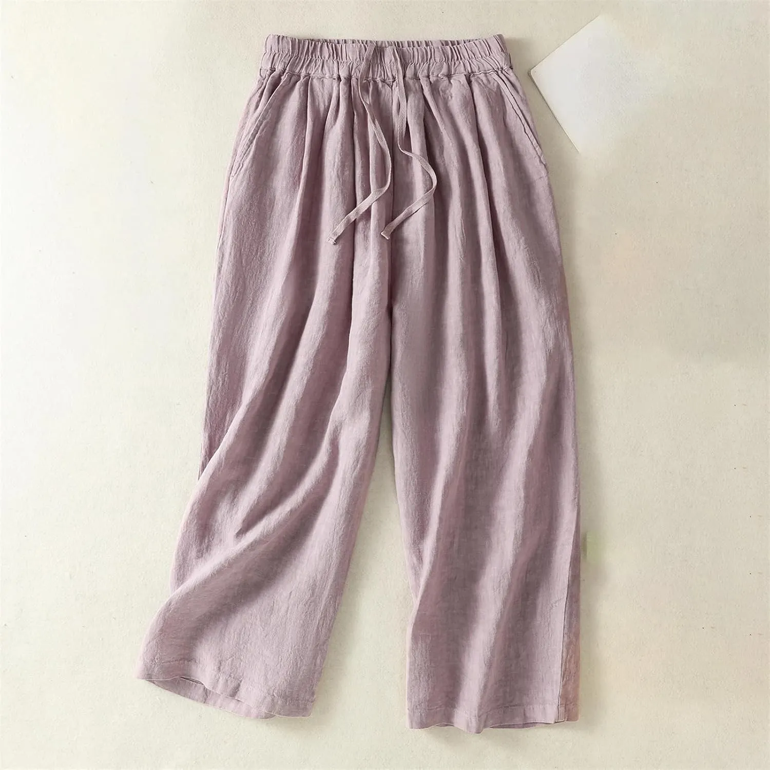 Women's Cotton Linen Wide-Leg Pants  High Waist Drawstring Straight-Leg Casual Summer Trousers for Beach Vacation