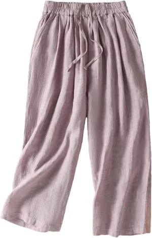 Women's Cotton Linen Wide-Leg Pants  High Waist Drawstring Straight-Leg Casual Summer Trousers for Beach Vacation