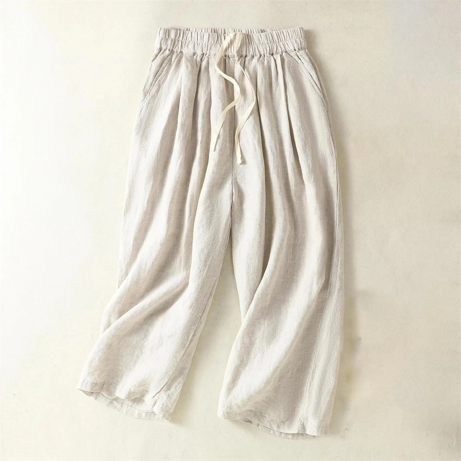 Women's Cotton Linen Wide-Leg Pants  High Waist Drawstring Straight-Leg Casual Summer Trousers for Beach Vacation