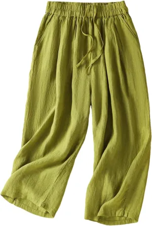 Women's Cotton Linen Wide-Leg Pants  High Waist Drawstring Straight-Leg Casual Summer Trousers for Beach Vacation