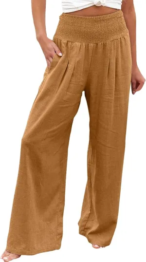 Women's Cotton Linen Wide Leg Pants High Waist Flowy Casual Trousers Palazzo Straight Comfy Pant for Vacation Summer