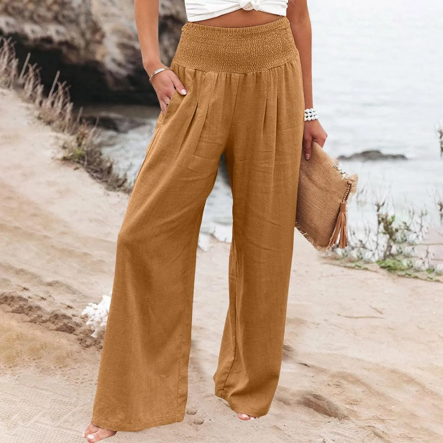 Women's Cotton Linen Wide Leg Pants High Waist Flowy Casual Trousers Palazzo Straight Comfy Pant for Vacation Summer
