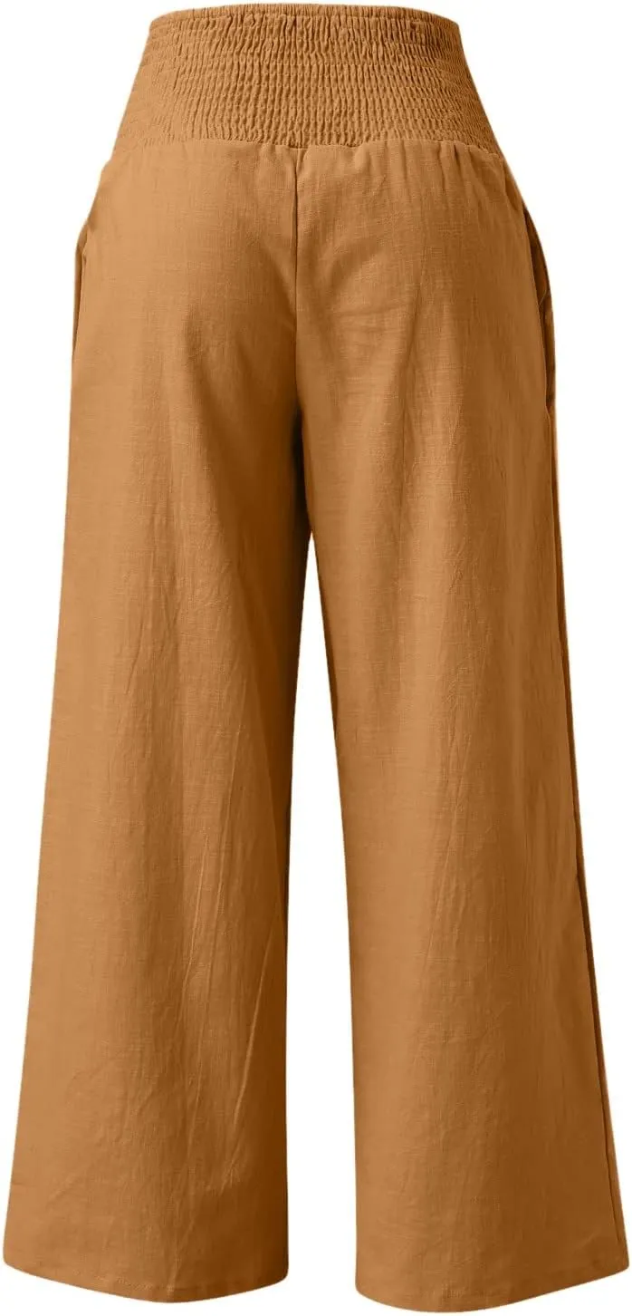 Women's Cotton Linen Wide Leg Pants High Waist Flowy Casual Trousers Palazzo Straight Comfy Pant for Vacation Summer