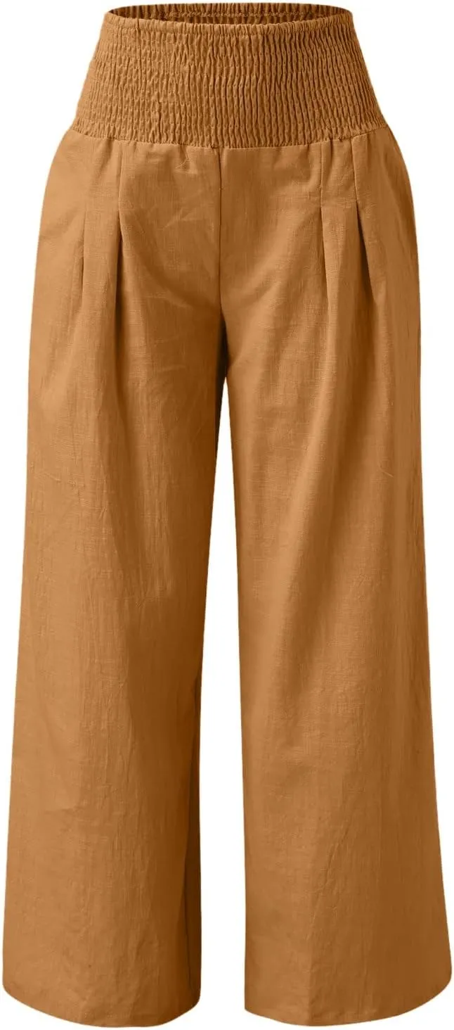 Women's Cotton Linen Wide Leg Pants High Waist Flowy Casual Trousers Palazzo Straight Comfy Pant for Vacation Summer