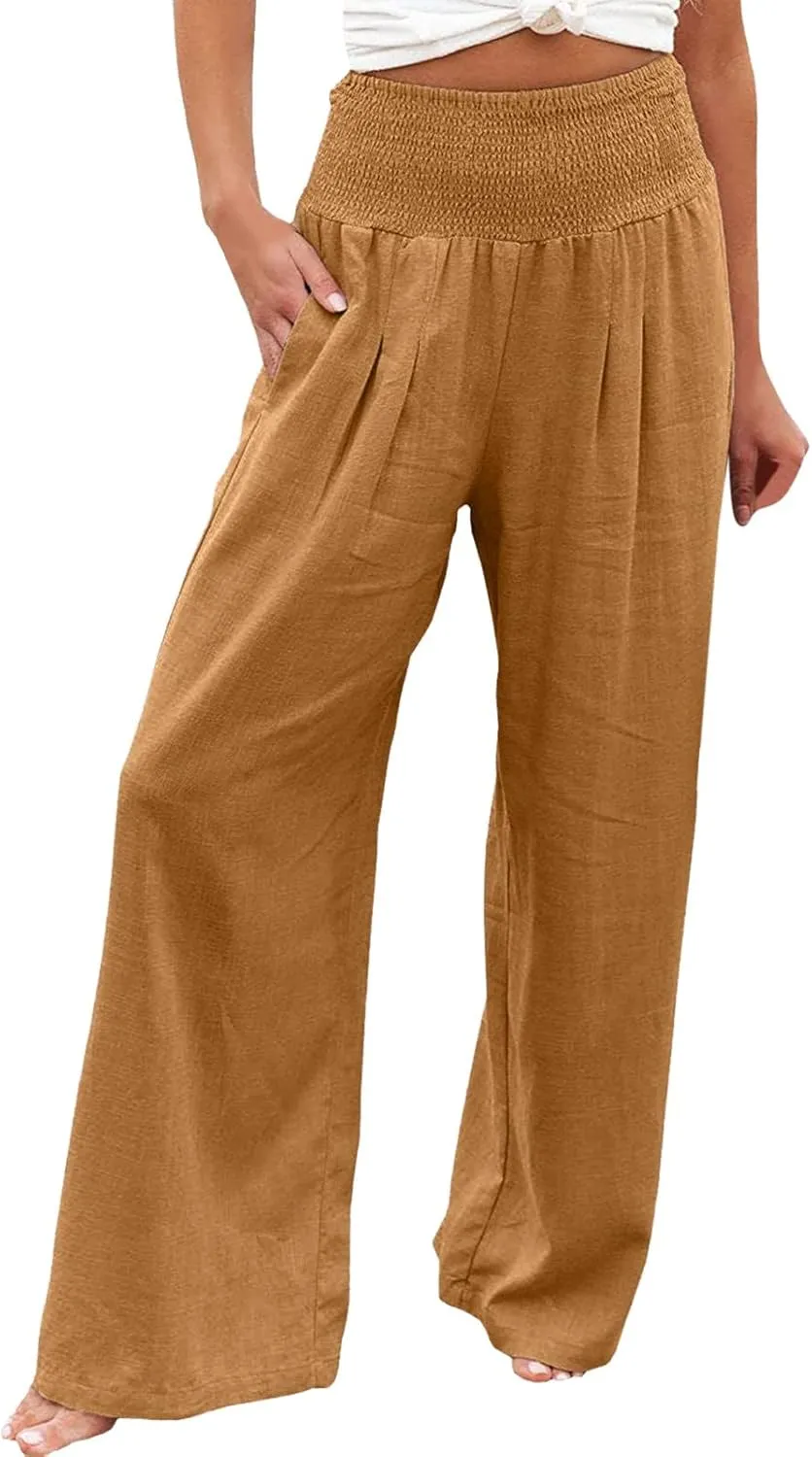 Women's Cotton Linen Wide Leg Pants High Waist Flowy Casual Trousers Palazzo Straight Comfy Pant for Vacation Summer