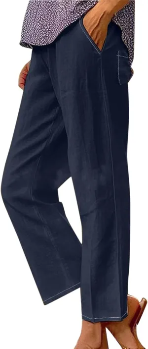 Womens Drawstring Casual Pant Cotton-Linen Loose Wide Leg Trousers Lightweight Summer Pants with Pockets