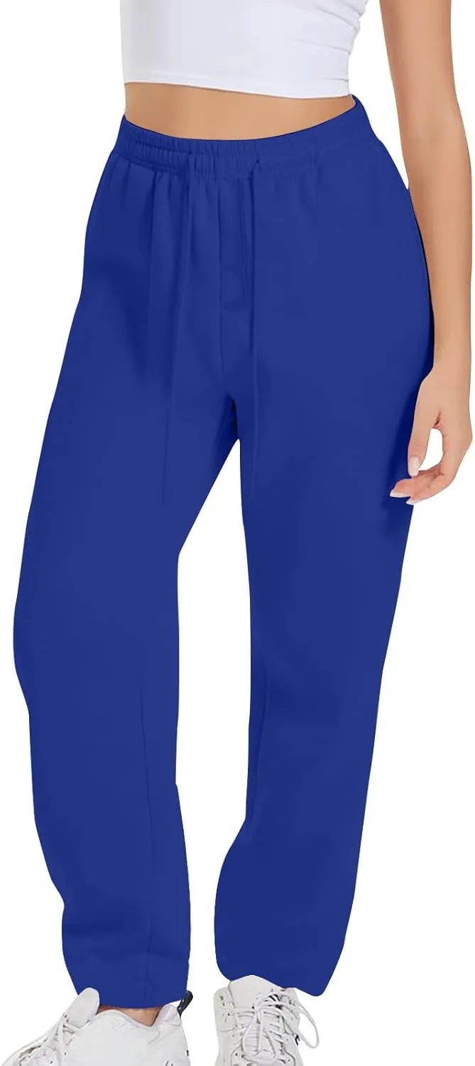 Women's Drawstring Elastic Waist Straight Leg Sweatpants Baggy High Waisted Lounge Sweat Pants Trousers with Pockets