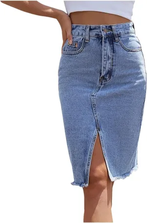 Women's Front Slit Blue Denim Skirt Pockets High Waist Slim Zipper Fly Midi Skirts Casual Streetwear