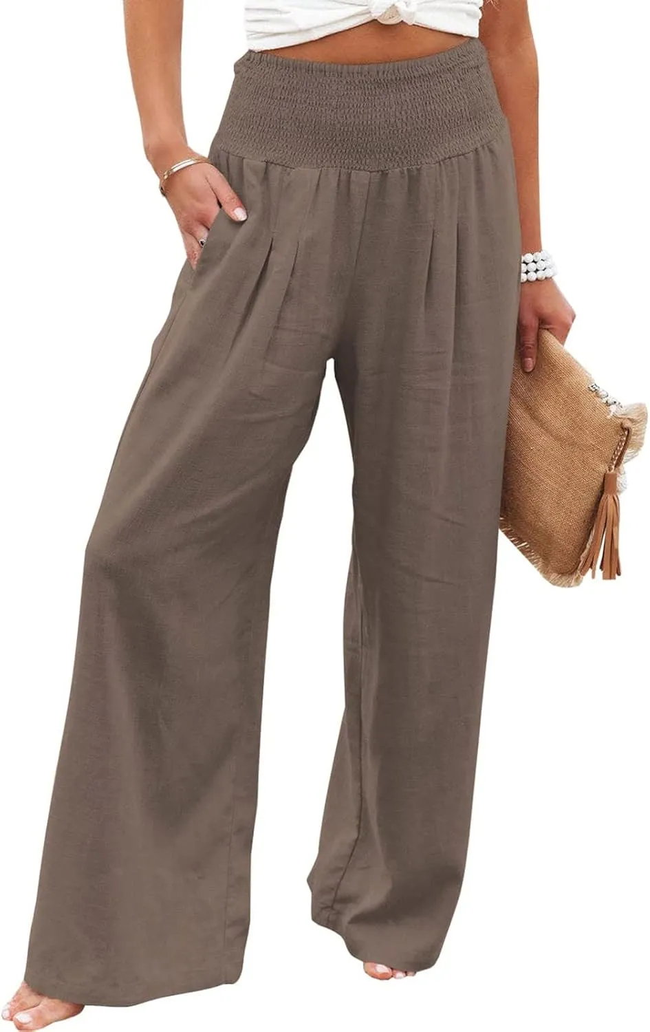 Womens High Rise Trousers Summer Solid Color Wide Leg Causal Drawstring Long Pants Classic Basic Lounge Pants with Pockets