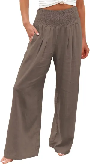 Womens High Rise Trousers Summer Solid Color Wide Leg Causal Drawstring Long Pants Classic Basic Lounge Pants with Pockets