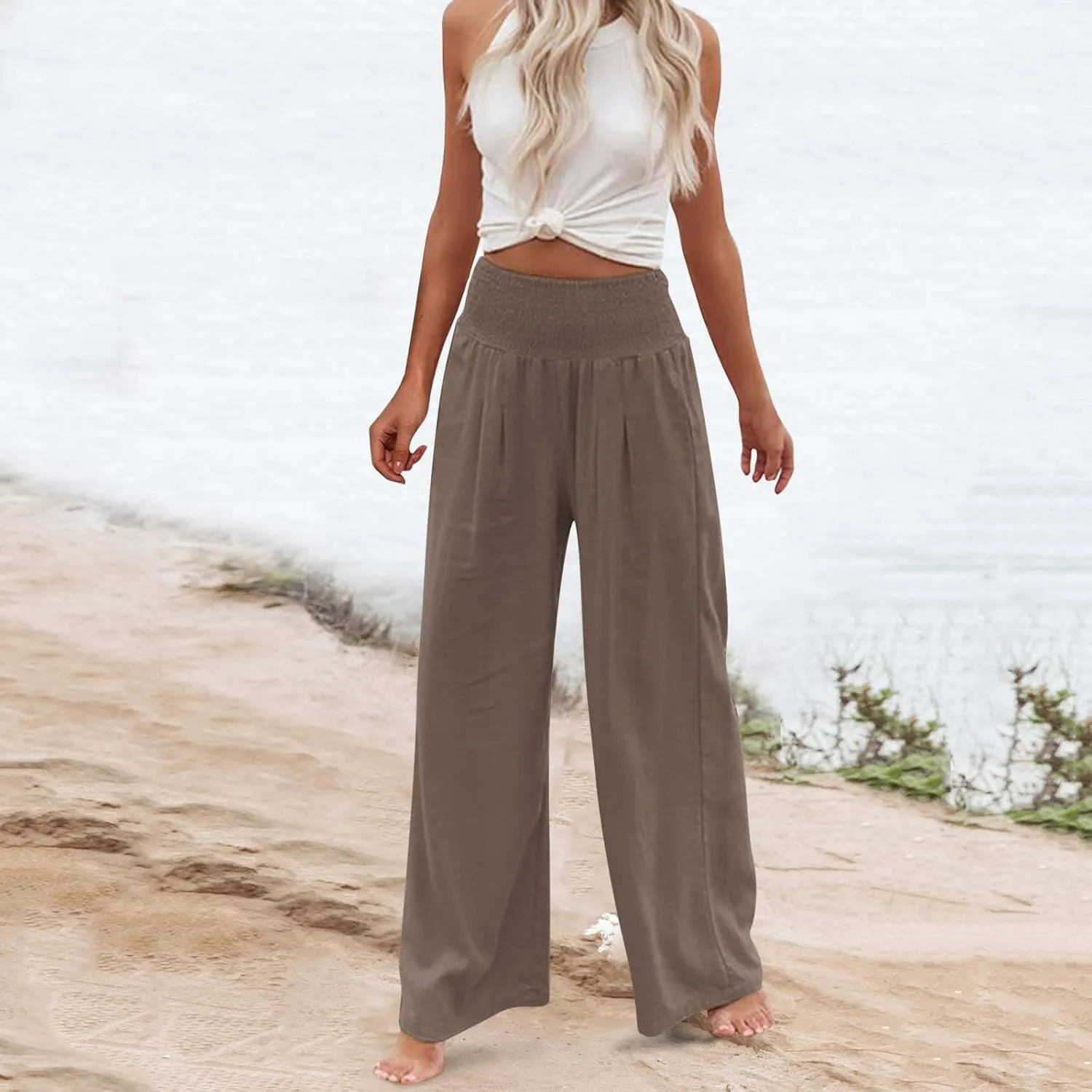 Womens High Rise Trousers Summer Solid Color Wide Leg Causal Drawstring Long Pants Classic Basic Lounge Pants with Pockets