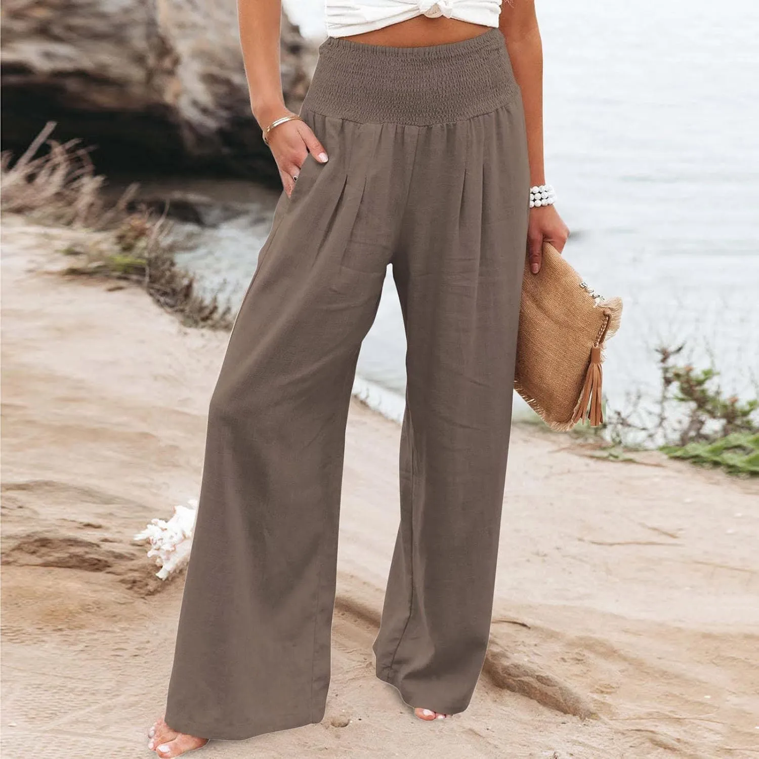 Womens High Rise Trousers Summer Solid Color Wide Leg Causal Drawstring Long Pants Classic Basic Lounge Pants with Pockets