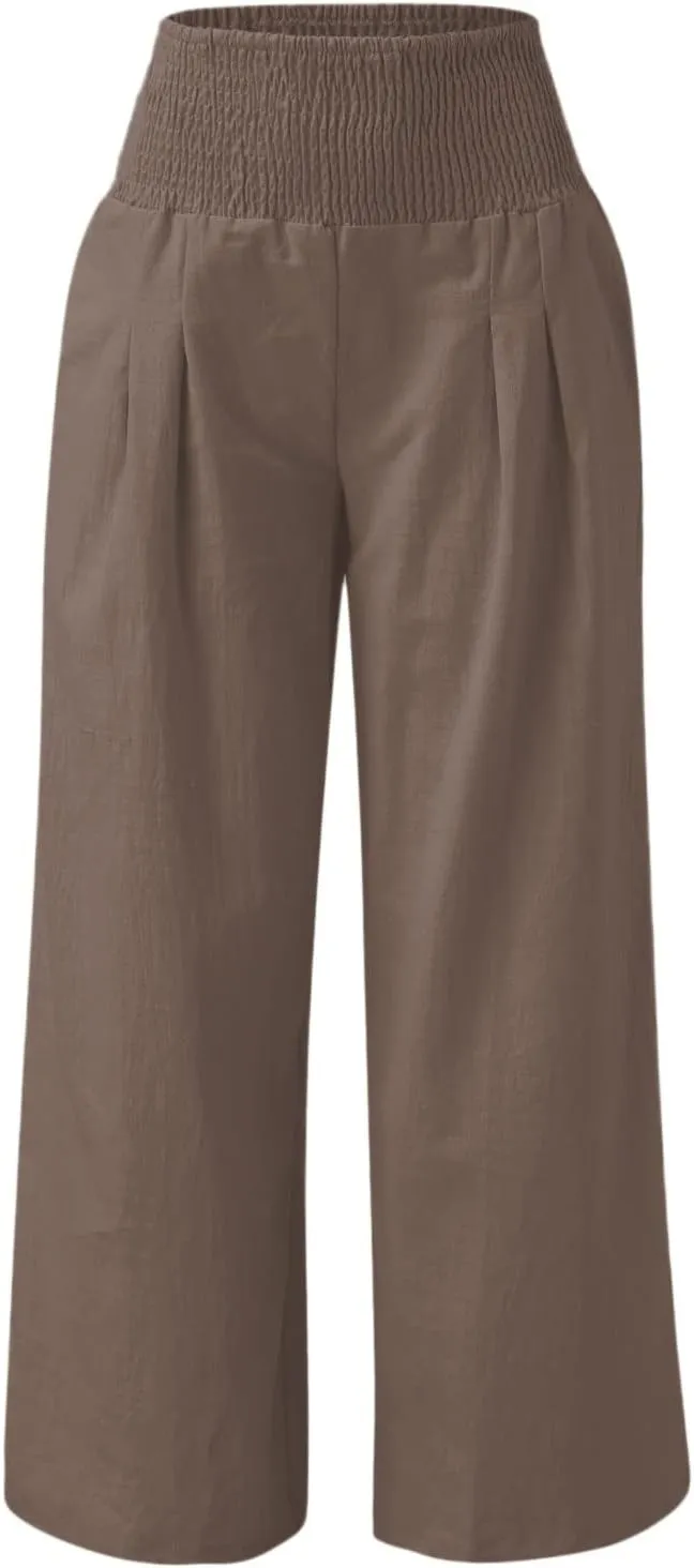 Womens High Rise Trousers Summer Solid Color Wide Leg Causal Drawstring Long Pants Classic Basic Lounge Pants with Pockets