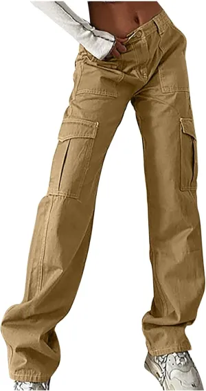 Women's High Waist Baggy Cargo Jeans Fashion Boyfriend Casual Straight Wide Leg Cargo Pants Y2K Trousers with Pockets