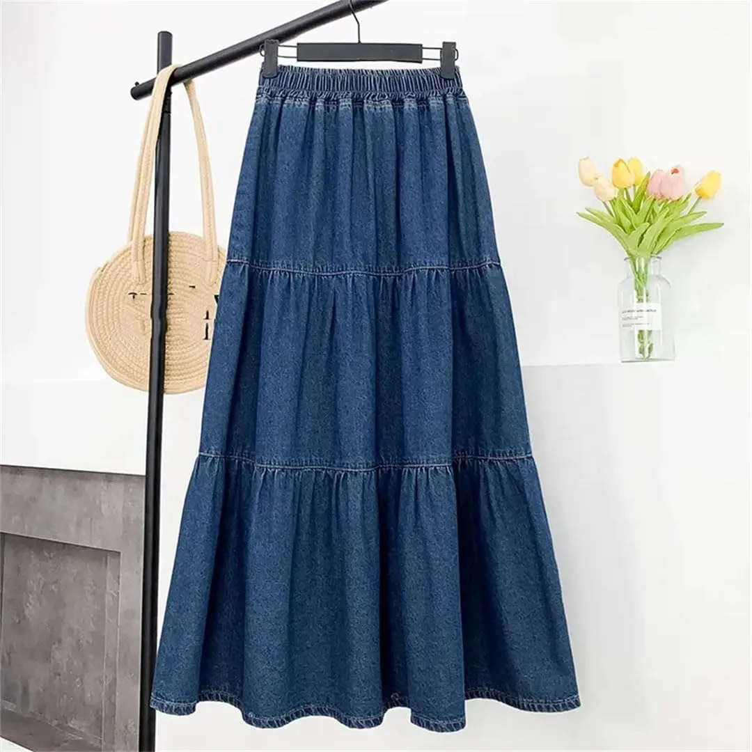 Women's High Waisted Denim Skirt A-Line Half Body Cake Fluffy Umbrella Skirt Loose Long Half Body Skirts