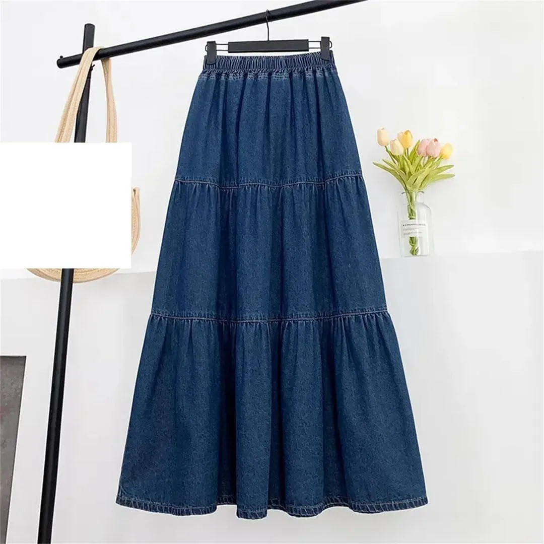 Women's High Waisted Denim Skirt A-Line Half Body Cake Fluffy Umbrella Skirt Loose Long Half Body Skirts