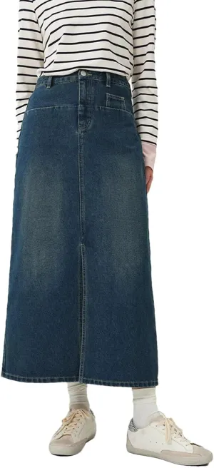 Women's High-Waisted Embroidered Side Slit Slimming Denim Skirt