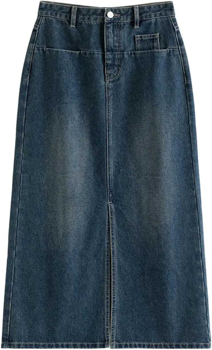 Women's High-Waisted Embroidered Side Slit Slimming Denim Skirt