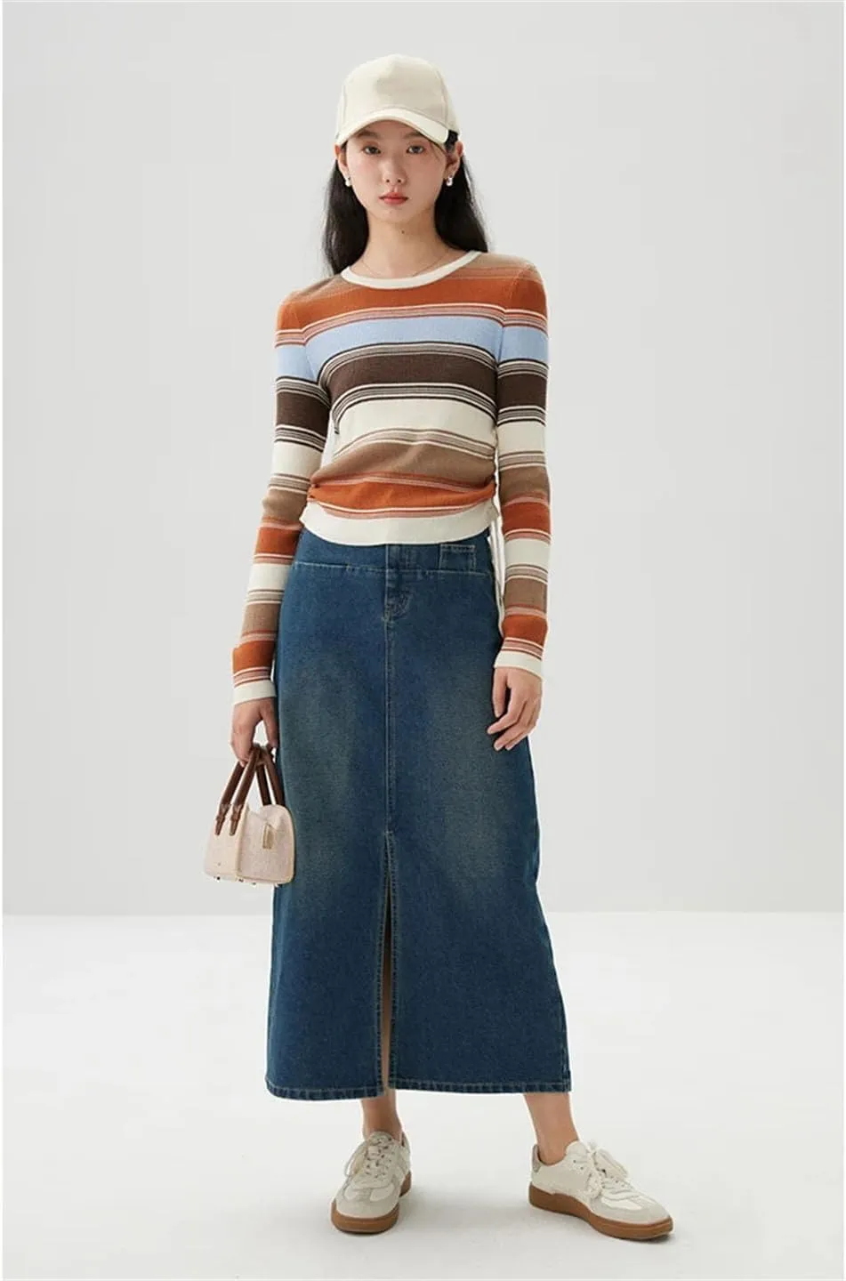 Women's High-Waisted Embroidered Side Slit Slimming Denim Skirt
