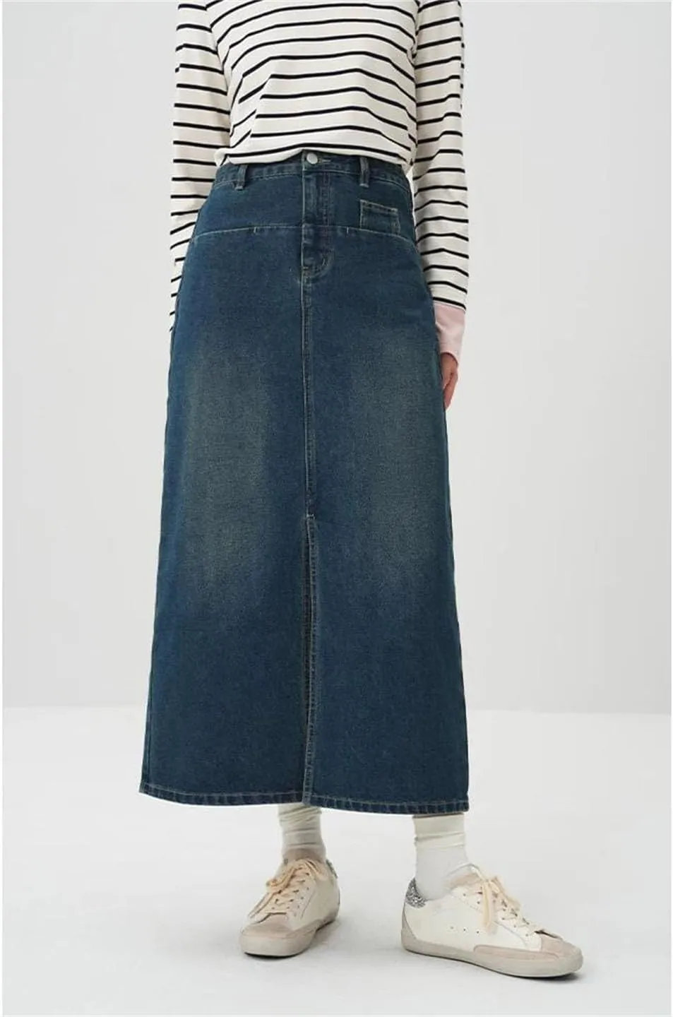 Women's High-Waisted Embroidered Side Slit Slimming Denim Skirt