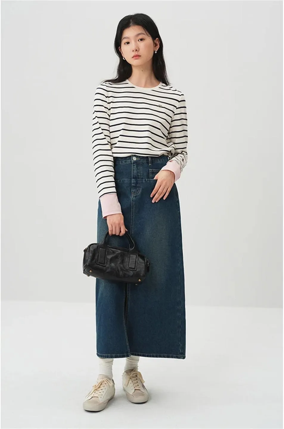 Women's High-Waisted Embroidered Side Slit Slimming Denim Skirt