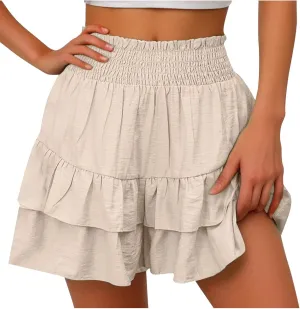 Women's High Waisted Pleated Skirts Boho Ruffle Tiered Shorts Beach Vacation Short Summer Comfy Flowy Skirt