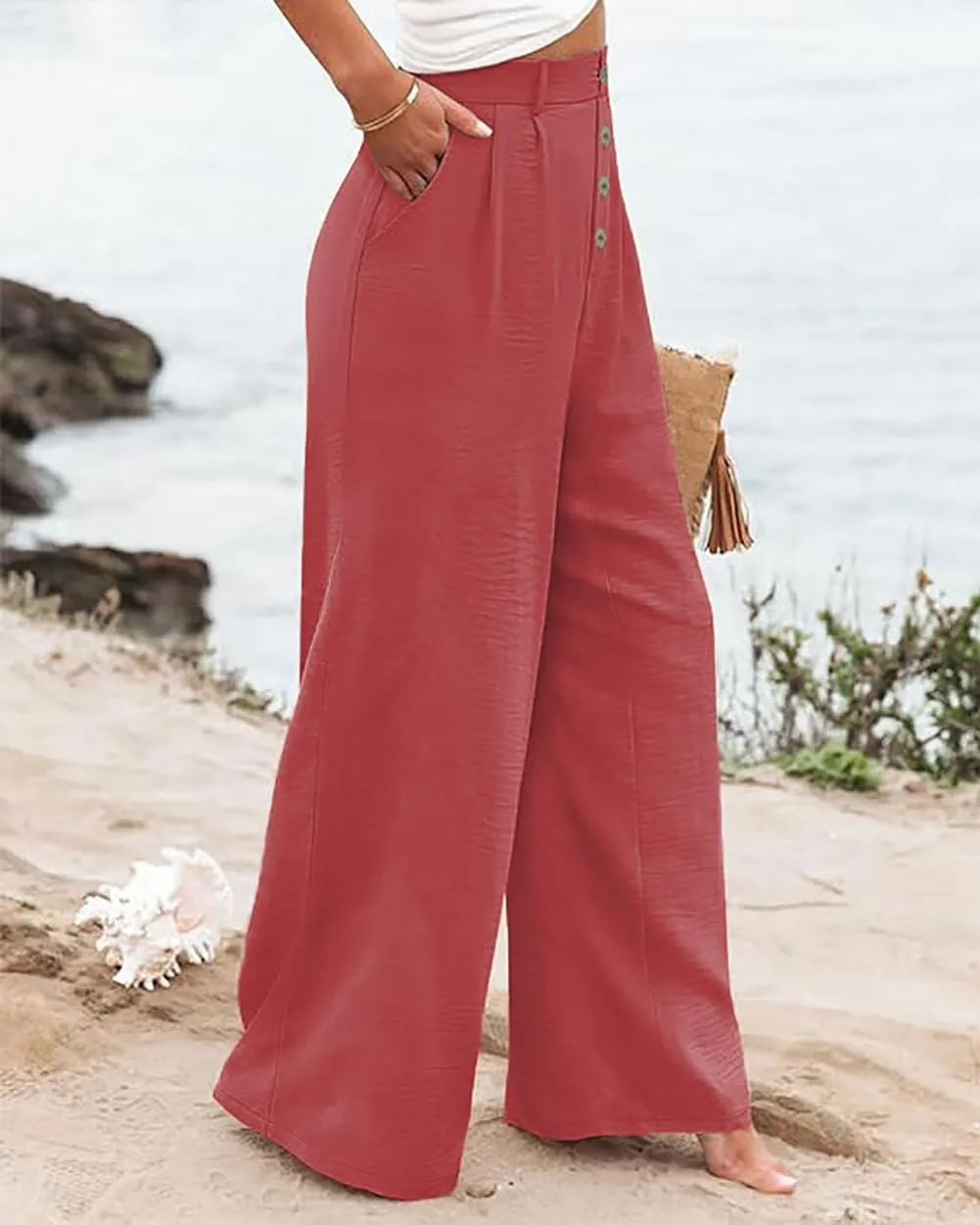 Womens High Waisted Wide Leg Palazzo Pants Casual Lounge Boho Flowy Pants with Pockets