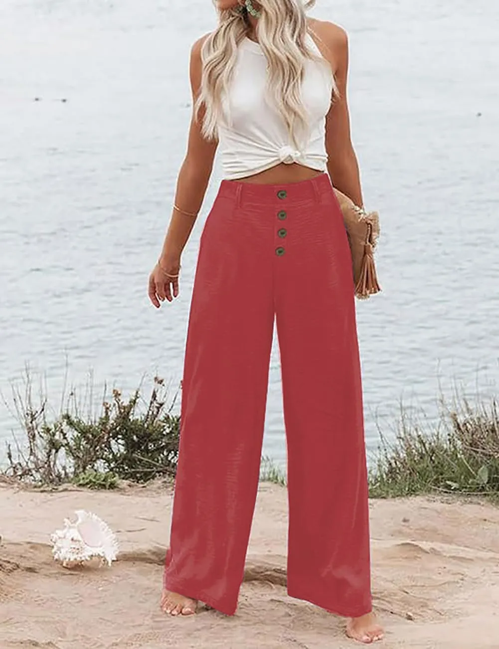 Womens High Waisted Wide Leg Palazzo Pants Casual Lounge Boho Flowy Pants with Pockets