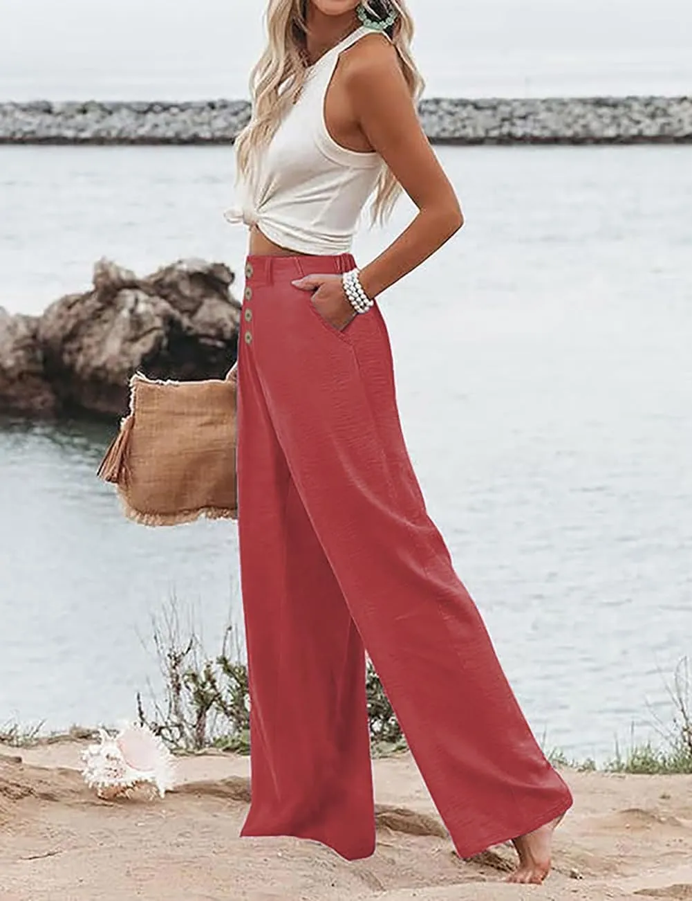 Womens High Waisted Wide Leg Palazzo Pants Casual Lounge Boho Flowy Pants with Pockets