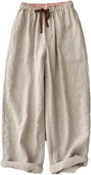 Women's High-Waisted Wide-Leg Pants  Cotton Linen Loose Fit Elastic Drawstring Waist Casual Summer Beach Trousers