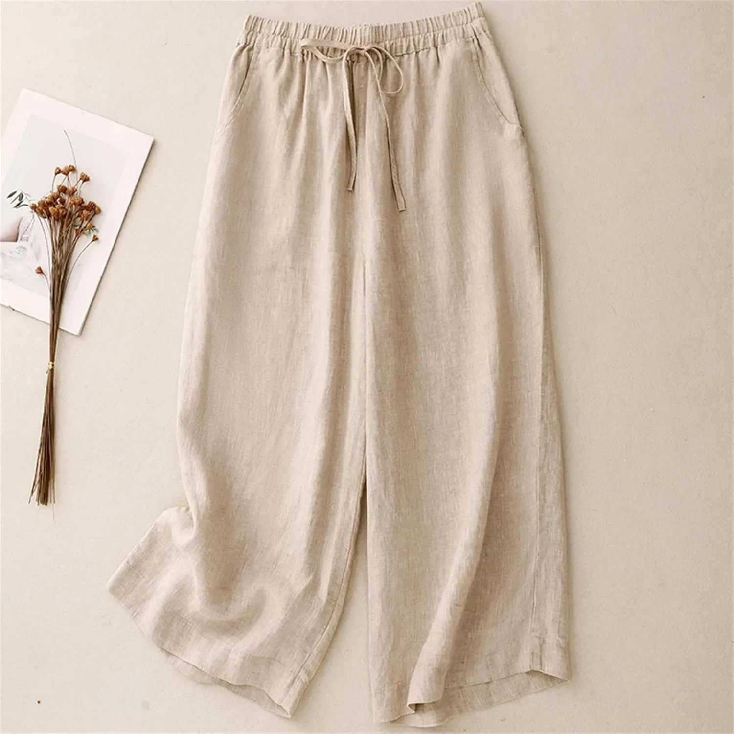 Women's High-Waisted Wide-Leg Pants  Solid Color Cotton Linen Drawstring Waist Casual Summer Beach Trousers