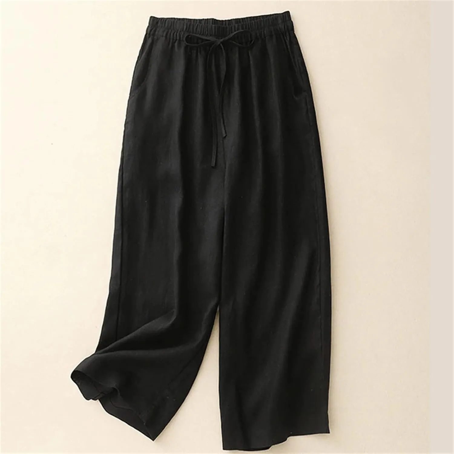 Women's High-Waisted Wide-Leg Pants  Solid Color Cotton Linen Drawstring Waist Casual Summer Beach Trousers