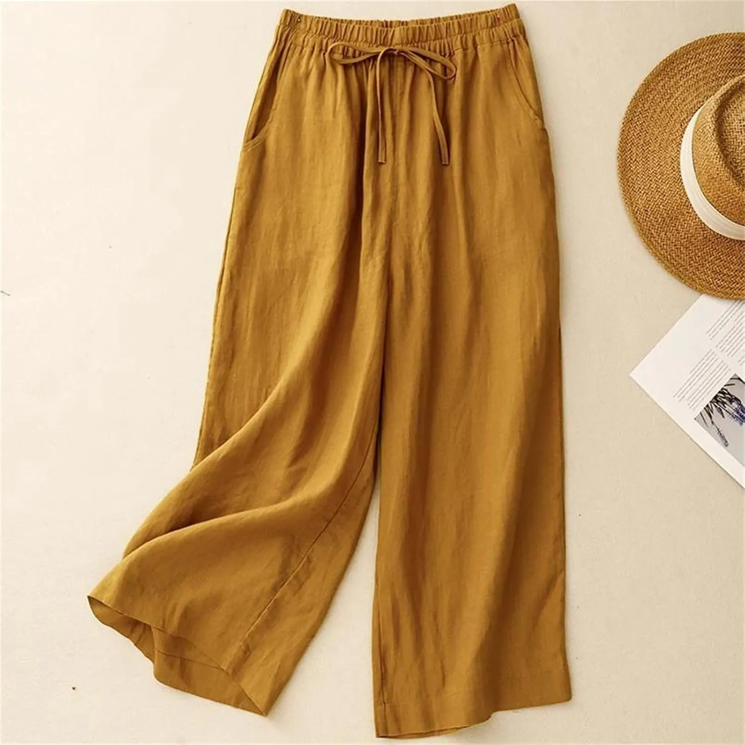 Women's High-Waisted Wide-Leg Pants  Solid Color Cotton Linen Drawstring Waist Casual Summer Beach Trousers