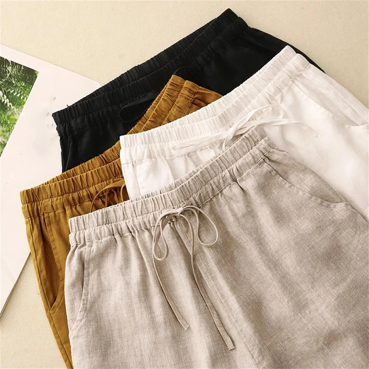 Women's High-Waisted Wide-Leg Pants  Solid Color Cotton Linen Drawstring Waist Casual Summer Beach Trousers