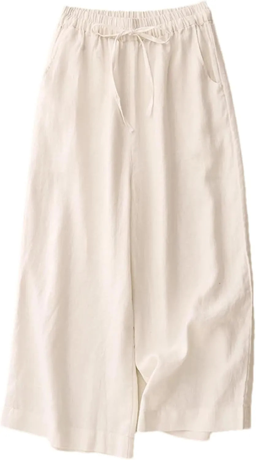 Women's High-Waisted Wide-Leg Pants  Solid Color Cotton Linen Drawstring Waist Casual Summer Beach Trousers