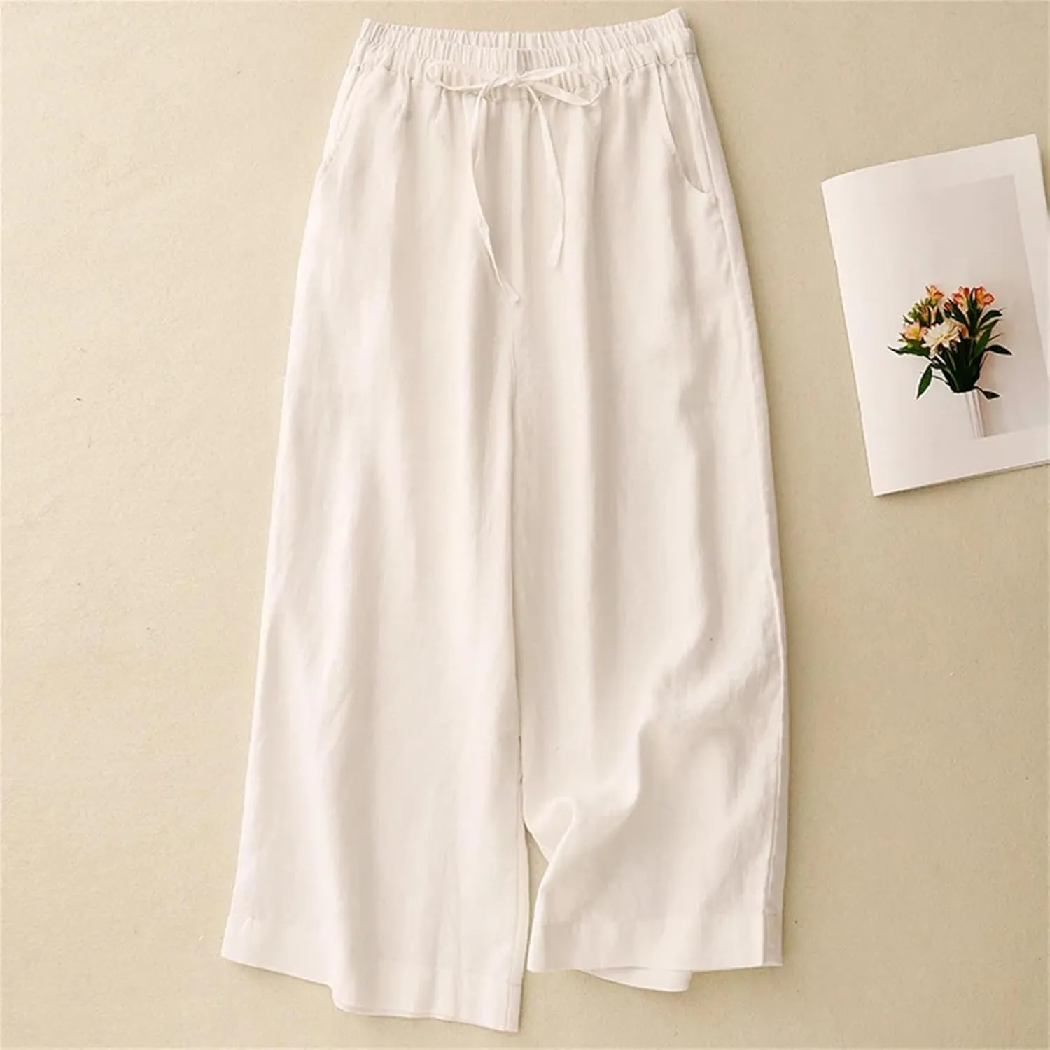 Women's High-Waisted Wide-Leg Pants  Solid Color Cotton Linen Drawstring Waist Casual Summer Beach Trousers