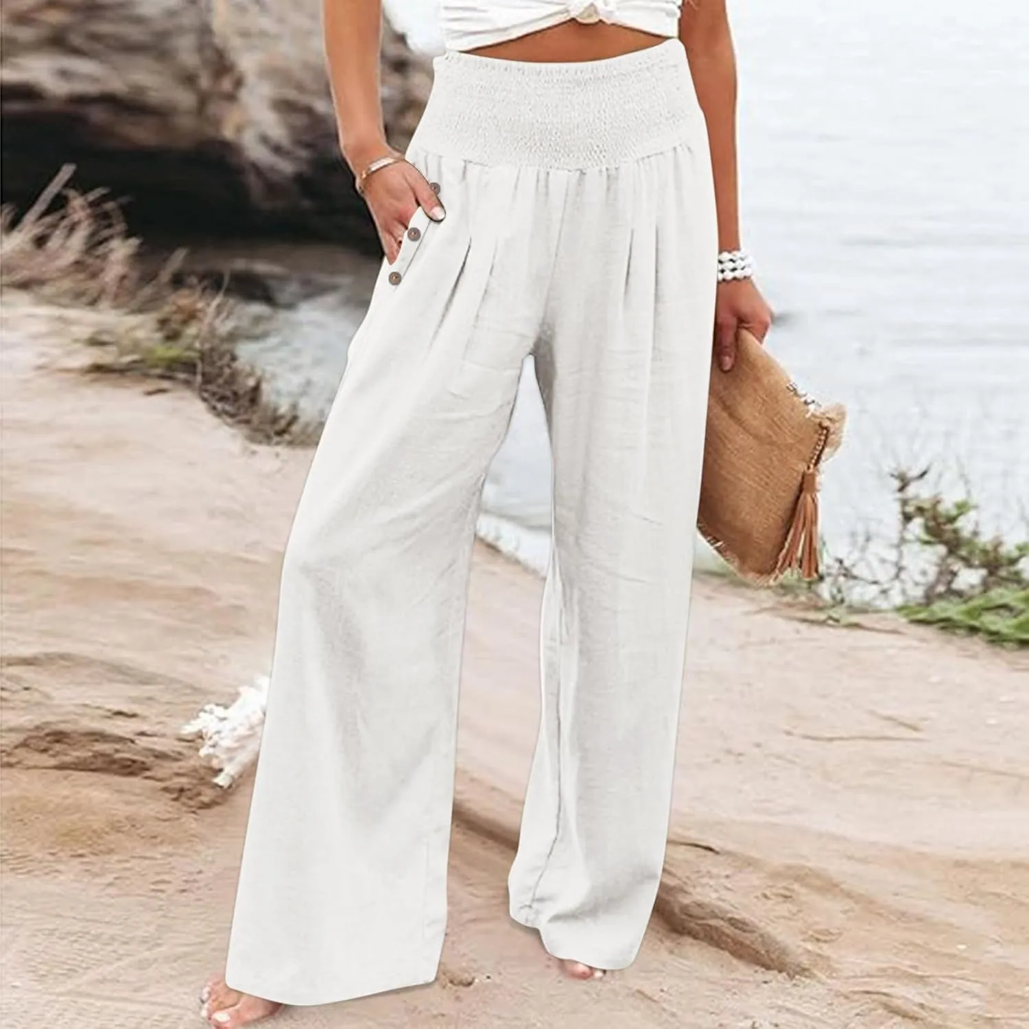 Women's Linen Blend Summer Boho Pants Elastic Waist Lounge Pants Loose Fit Pant Trousers Vacation