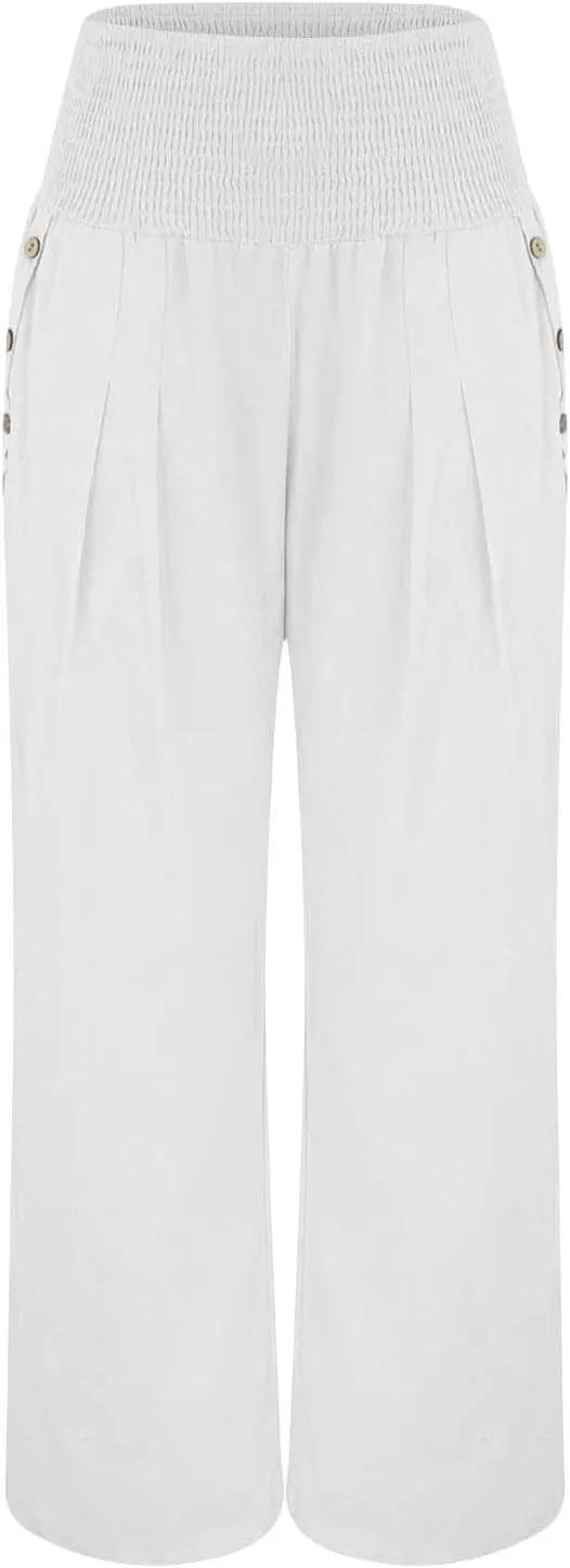 Women's Linen Blend Summer Boho Pants Elastic Waist Lounge Pants Loose Fit Pant Trousers Vacation