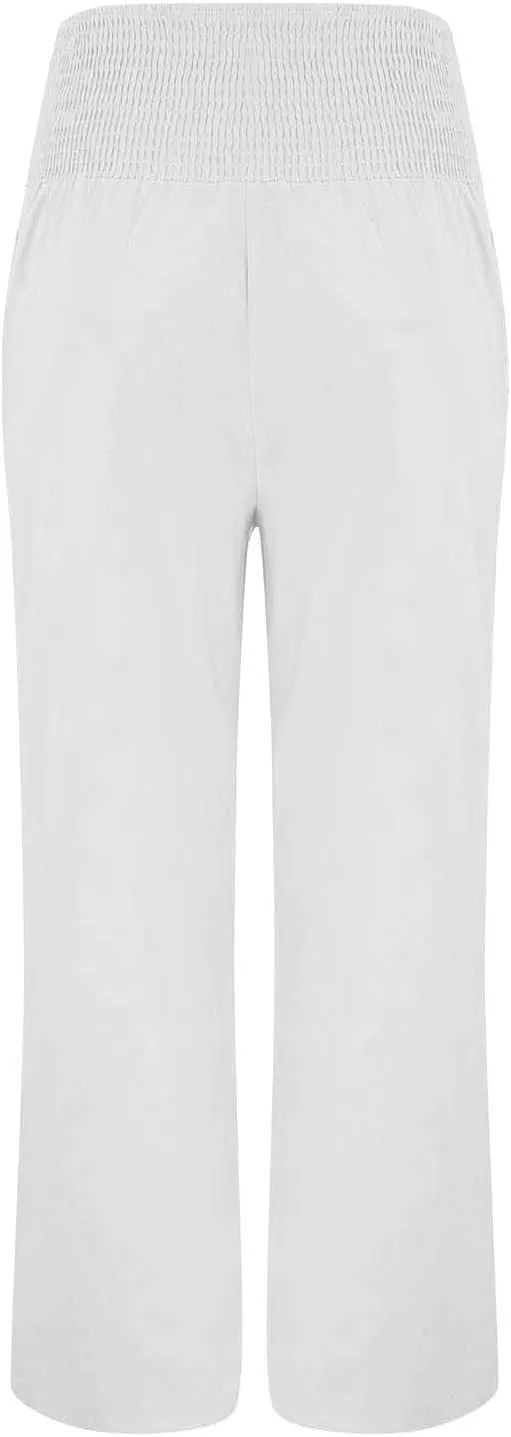 Women's Linen Blend Summer Boho Pants Elastic Waist Lounge Pants Loose Fit Pant Trousers Vacation