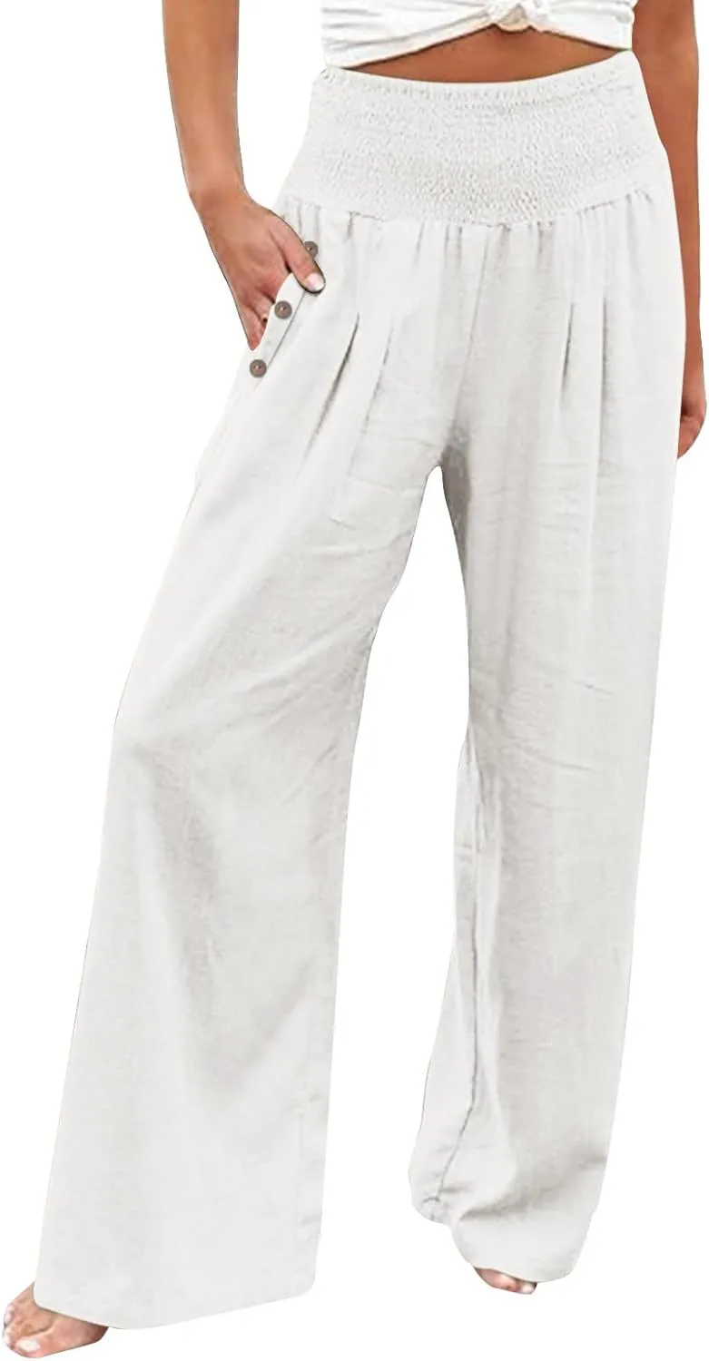 Women's Linen Blend Summer Boho Pants Elastic Waist Lounge Pants Loose Fit Pant Trousers Vacation