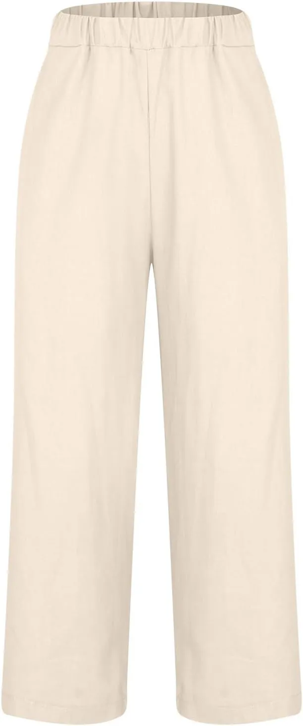 Women's Linen Pants 2025 Summer Spring Elastic Waisted Loose Straight Trouser Wide Leg Casual Pants with Pockets