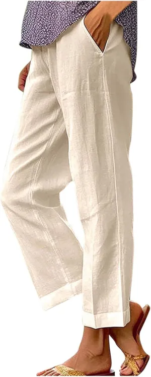 Women's Linen Pants 2025 Summer Spring Elastic Waisted Loose Straight Trouser Wide Leg Casual Pants with Pockets