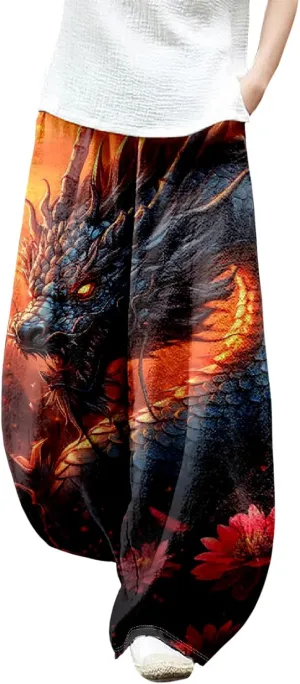Womens Linen Pants Baggy Wide Leg Pants with Pockets Chinese Dragon Flowy Harem Lantern Trousers Elastic Waist